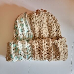 Handmade Chunky Knit Beanie Hat – Beige & Aqua Winter Cap